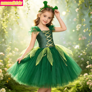 11.11 Vivid Green Fantasy Creature Flowy Tulle Costume Complete with Ear Headband Breathable Girls Attire for Halloween Carnival h2610