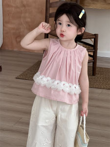 Summer New Childrens Korean Style Sweet Lace Hem Sleeveless Top for Girls Baby Solid Color Cute Blouse