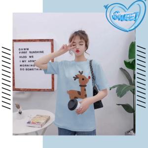 QXshop เห็นแล้วตังในกระเป๋ามั่นสั่นรัวๆ สีเสื้อน้องคือน่ารักสดใสโดนใจแน่นอนจ้า เสื้อยืดคอกลมลายน้อนกวาง น่ารักตะมุตะมิ สุดๆ