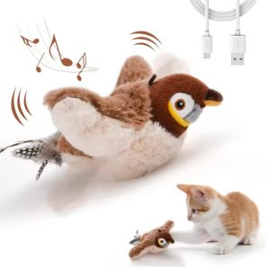 Rechargeable Interactive Simulated Bird Cat Toy Touch Activated Chirping Flapping No Flying Plush Pet Toy for Cats Dogs