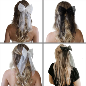 Girls Bowknot Hairpin for Girls Large Bows Pearls Veil Detail for Evening Dinner Dress Stylish Outfits