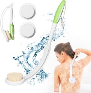 Dụng cụ bôi kem dưỡng da 3 trong 1 Fanwer dành cho người già tự chà lưng & Bàn chải tắm lưng cho nam và nữ có tay cầm dài Bàn chải tắm cong dài 18.9 inch Dụng cụ chà lưng khi tắm