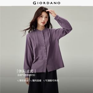 Giordano Women Pintuck detail round neck long sleeve shirt Free Shipping 05346874