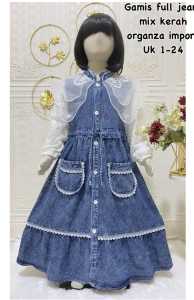 Gamis jeans organza mix brukat anak perempuan usia 1 - 12 tahun / baju gamis denim renda - baju muslim full jeans viral anak terbaru