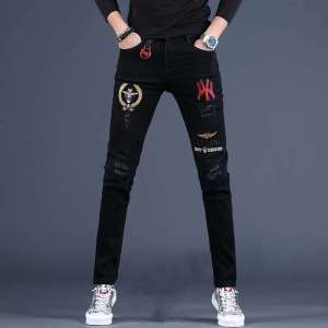 ALVIN# Korean Embroidery Tattered Jeans For Men Skinny Stretchable Pants