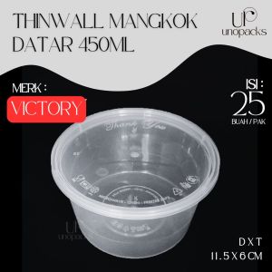 THINWALL MANGKOK DATAR 450ML WADAH MAKANAN PLASTIK PLUS TUTUP BENING VICTORY (25 PCS)