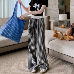 IELGY Pink checkered wide leg pants womens thin high waisted straight leg pants