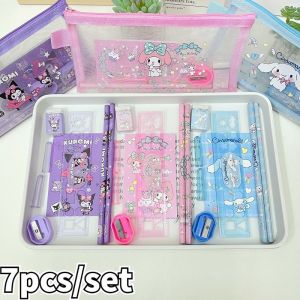 7pcs/set Kawaii Sanrio Kuromi Cute Stationery Gift Box My Melody Cinnamoroll Gel Pencil Folding Ruler Eraser Pencil Stationery Set School Supplies Childrens Day Gift