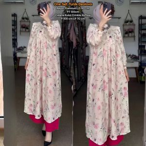 Asmara Set - One Set Wanita Long Tunik Rayon Premium Setelan Wanita Kekinian Ruffle Lengan Panjang Andalusia Royal Tunik LD 110 cm