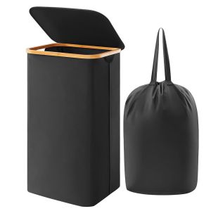 VB45D Laundry Basket Bamboo Handles Slim Laundry Hamper with Lid Foldable Collapsible Storage Bins Upgrade Freestanding Clothes Basket Bin Bathroom