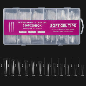 240片盒装多尺寸透明全贴超长完美美甲假指甲贴片 240Pcs Super Extra Long Transparent Full Stick Manicure Fake Nail Tip