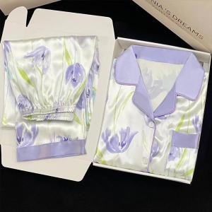 Sweet Purple Tulip Print Pajamas for Women Autumn Winter Womens New Long Sleeved Long Pants Home Wear Lapel Nightwear