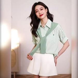 Ammin เสื้อเชิ้ตลายทางแขนสั้นปลอม2ชิ้นอเนกประสงค์แฟชั่นสไตล์เกาหลีเสื้อเชิ๊ตผู้หญิงแฟชั่นฤดูร้อนเสื้อเชิ๊ต2024ใส่ได้กับทุกโอกาสเสื้อเชิ๊ตพิมพ์ลายทางแบบมืออาชีพ