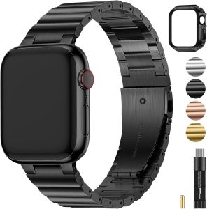 Fullmosa Metal Band Compatible with Watch 45mm 44mm 42mm 41mm 40mm 38mm for Men Women Stainless Steel iWatch Band with TPU Case for Watch Series 9 8 7 6 5 4 3 2 1 SE3/2/1 (42mm 44mm 45mm Black)