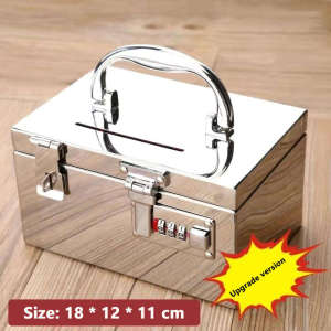 Small Stainless Steel Password Money Box Secure Lockable Piggy Bank Storage Box with Password Lock for Adults Kids Cash Coin Saving