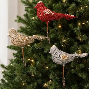 MIRELAE Thiết kế rỗng Đồ trang trí hình chim rỗng Đính sa Nhựa Đồ trang trí cây thông Noel Tự làm Trang trí ngọc trai Đồ trang trí treo ngày lễ Cây thông Noel