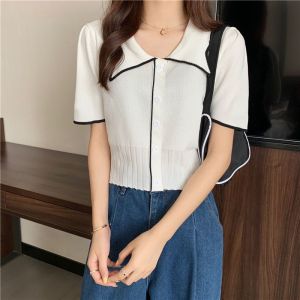 Pakaian Rajut Lengan Pendek Sweater Lengan Puff Atasan Wanita New Style Korean T-shirt Cropped Kasual Kemeja Kaos Fashion