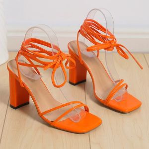 [Free Shipping] Sandals Plus-Size WomenS Shoes Outdoor Wear Square-Toe Lace-Up Stiletto Heels Criss-Cross Strap Sandals For Women
