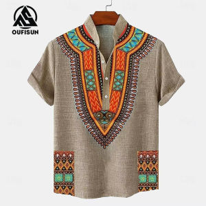 【Oufisun】Vitage Shirts For Mens Ethnic Shirts Oversized Short-Sleeved Tops Bohemian Clothing