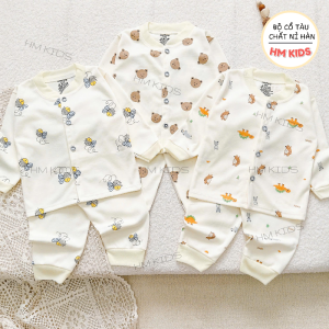 SET 5 Bộ Sơ Sinh Dài Tay Cúc Chéo Chất Nỉ Bảng Màu Hàn Cho Bé Từ 0-9 tháng.