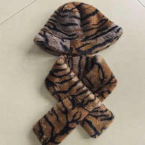 MIRELAE 2-Piece Set Soft Plush Faux Mink Fur Hat Cross-tie Anti-static Faux Fur Scarf Set Fashion Thermal Leopard Print Hat For Women