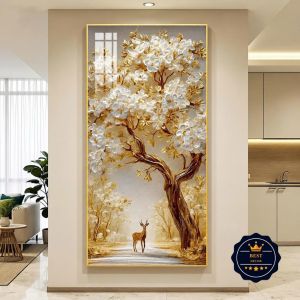 Tranh Cây Vàng Và Hươu Tài Lộc Tranh Canvas Tranh Tráng Gương Tranh Phòng Khách Tranh Phong Thủy