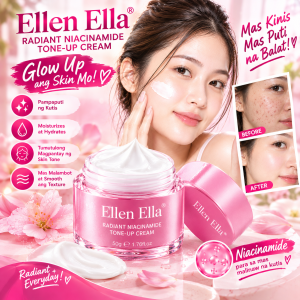 Ellen Ella Radiant Niacinamide Tone-Up Cream Glow Up ang Skin Mo! Moisturizes at Hydrates Tumutuling Megaputi ng Skin Tone Smooth ang Texture 50g e 1.76oz Fit for everyday use.