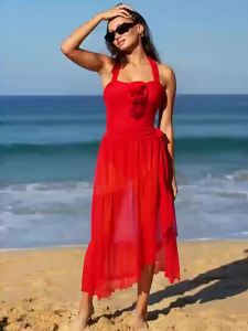 2026 Bán Nóng [ Được vận chuyển từ Trung Quốc ]2026 Bộ bikini liền thân màu đỏ mới thanh lịch và bay bổng không dây kèm váy dài xẻ tà bộ đồ bơi đi biển. B3