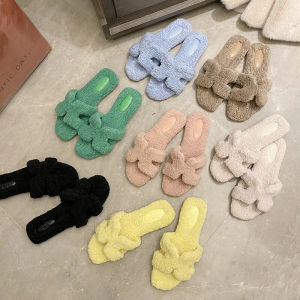 MANXIXI Fashion Flat Sandals Women Beautiful Winter Warm Rabbit Fur Cute Slippers (Size 35-40)