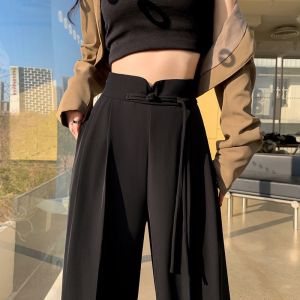 Quần ống rộng nữ lưng cao thun sau dáng suông dây kéo dấu bên hông phối dây nơ siêu cute - OR243