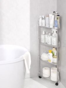 Bathroom Shelf with Wheels Two Layers 4 Floor Toilet Wash Basin Side Storage Movable Multi-Layer Storage Rack