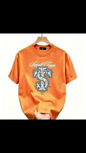 Korean retro letter print orange T-shirt for men and women summer fashion brand oversized couple sh ..c