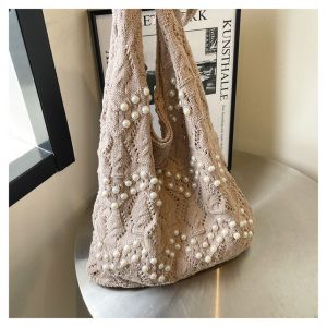 MSHNXA ตกแต่งด้วยลูกปัด กระเป๋าสะพายไหล่ถักสำหรับผู้หญิง กลวงออก จุได้มาก กระเป๋าโครเชต์ลำลอง กระเป๋าผ้าทอสีพื้น ง่ายๆ กระเป๋าถือสำหรับช็อปปิ้ง สำหรับเด็กผู้หญิง