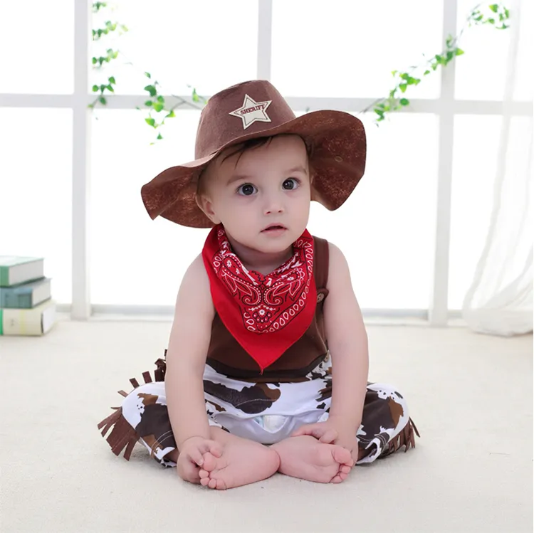 Kids Baby Cowboy Costume With Hat Scarf 0-3years Baby Romper