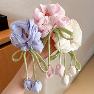3Pcs Sweet Tulip Scrunchies Elastic Hair Tie Set for Women & Kids Floral Hair Accessories for Daily