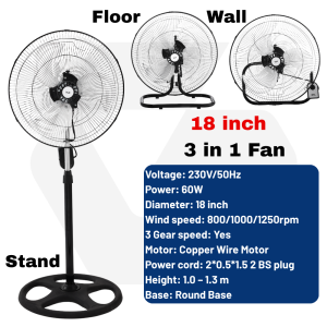 Gadgate 18 Inch 3 In 1 Industrial Fan Heavy Duty Aluminium Blades Low Noise Powerful Copper Motor Strong Wind Floor Fan Wall Fan Stand Fan Kipas Kilang 工业扇
