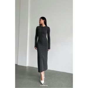 II LONG DRESS KNIT RIB SHEOUL MODEL FULL KANCING / DRESS LENGAN PANJANG TERBARU KOREAN LOOK