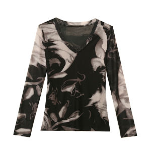 REHIN Summer Fashion Mesh Printed Long Sleeve T-shirt V-neck Slim Fit Trendy Top