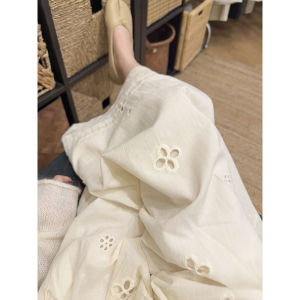 COD apricot lace splicing hollow wide-leg pants womens summer new casual design nine-point straight casual pants 2026 new products