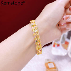 Kemstone Hollow Out Flower Bangle Gold Plated Zircon Can Open Bracelets for Womens Jewelry