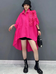 XITAO Irregular Bat Wing Sleeve Shirt Loose Three-dimensional Folds Flower Decoration Women Summer Top ZY8813