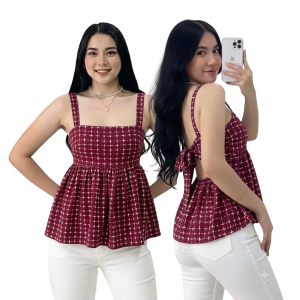 MONIC Blouse Tie Back Gingham Checkered Womens Fashionable Square Neckline Bow Detail Sleeveless Summer Top Stylish Gingham Design