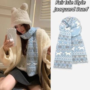 NOVELLEO Snowflake Jacquard Knitted Scarf Fair Isle Style Plush Winter Cashmere Scarves Retro Thicken Wool Shawl Women/Men