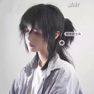 Wolf tail wig male long hair Japanese male medium samurai head daily cos wig full headgear