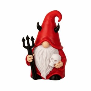 GOXBERK Red Robe Red Gnome Holding Trident Black Horns Halloween Figurine Gothic Tabletop Vibrant Colors Skull Miniature Fairy Garden