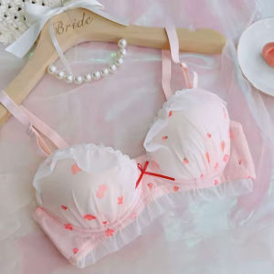 Japanese Sakura Flower Plus Size Bra No-steel-ring Wire-free Print Red Ribbon 80C 85C 90C