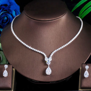 Sequito tính khí trang sức nữ mạ vàng Pave thiết lập shinning AAA đá Cubic Zirconia Bông tai hình giọt nước Bộ vòng cổ cho đám cưới sj394