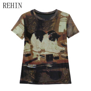 REHIN European Style Tie-Dye Unique Prints Mesh Short Sleeve T-Shirt Women Summer Slim Fit Round Neck Fashion Top(S-3XL)