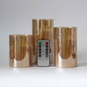 Glass Flickering Flameless Candles Battery Operated LED Pillar Candles with Remote Control and Timer Moving Flame Wax Set of 3