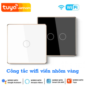 Công tắc thông minh VUÔNG WIFI TUYA viền nhôm vàng sang trọng điều khiển hẹn giờ từ xa